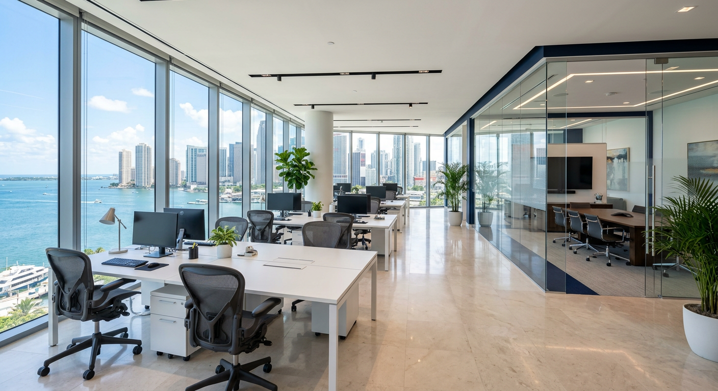 Modern upscale Miami office with floor-to-ceiling windows and clean workstations